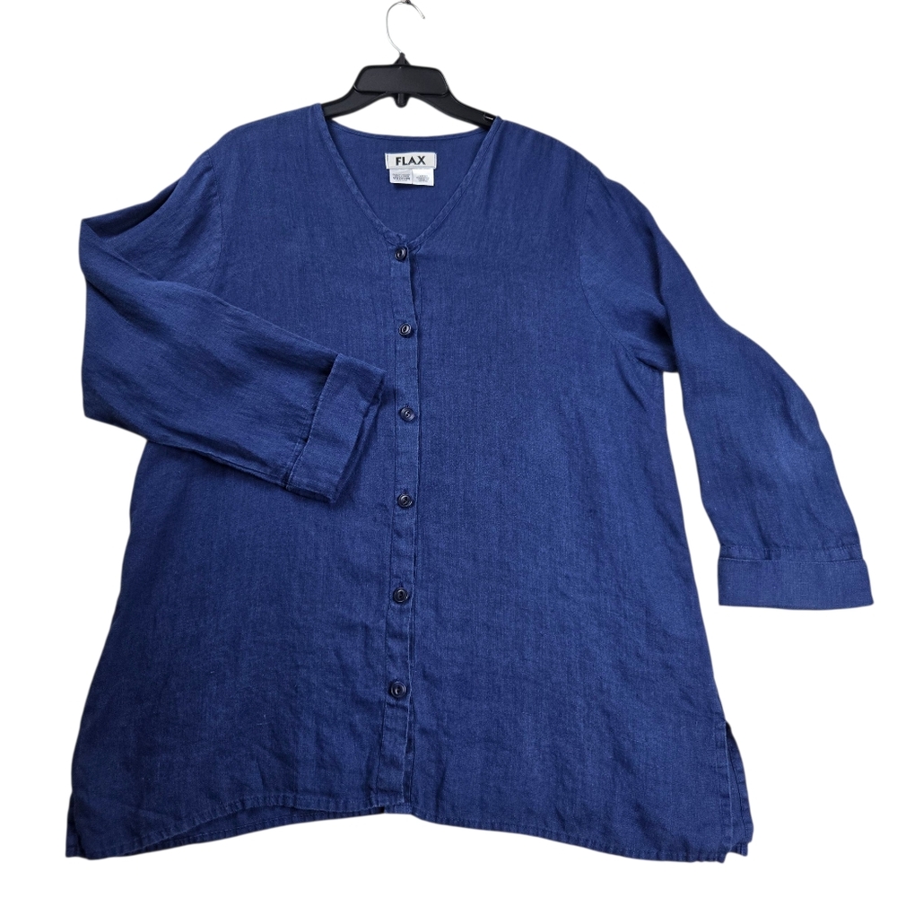 FLAX Medium Blue 100% Linen‎ V-Neck Button-Front Long Oversized Tunic Top